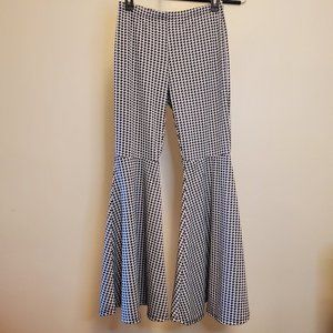 Elastic Waist Houndstooth Bell Bottom Stretch Pants Black/White - XL